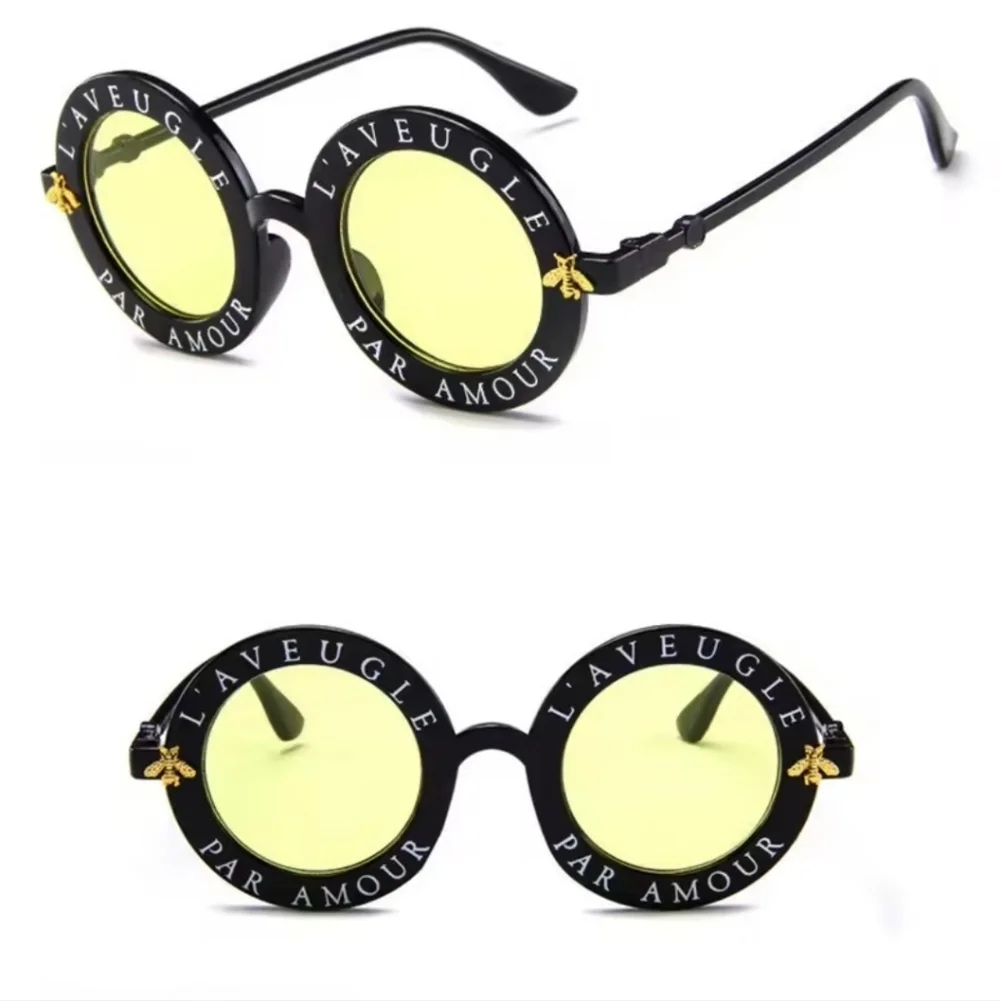 Black Round Sunglasses with Vintage Gold Bee Frames Yellow Gradient Lens Kids
